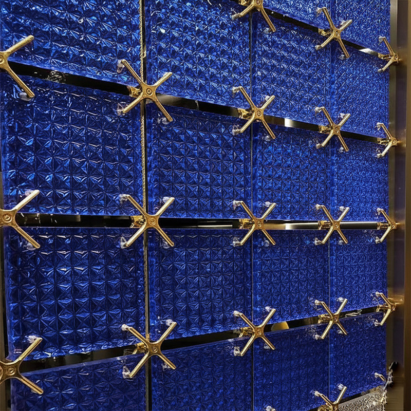 Colored modern decorative glass tile collection by ORNVITRUM featuring textured crystal and hot-melt glass panels for interior partitions and walls.