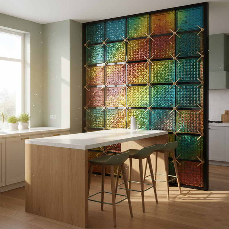Colored modern decorative glass tile collection by ORNVITRUM featuring textured crystal and hot-melt glass panels for interior partitions and walls.