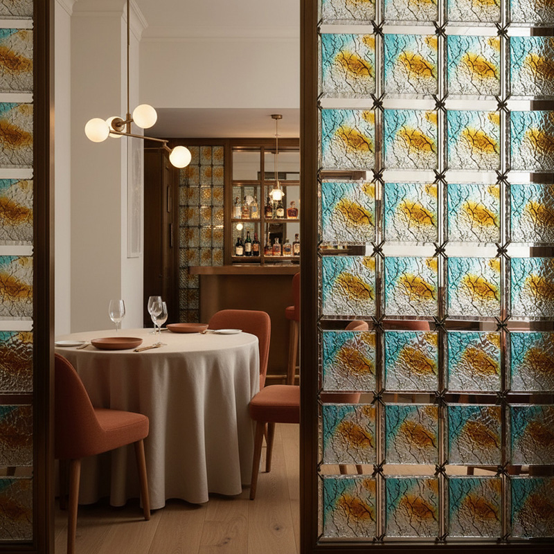 Colored modern decorative glass tile collection by ORNVITRUM featuring textured crystal and hot-melt glass panels for interior partitions and walls.