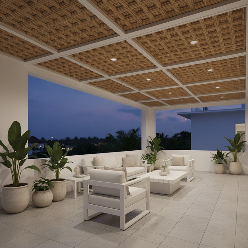 Handmade rectangular synthetic rattan panel with 3D vertical weave and aluminium frame in warm red pin color.