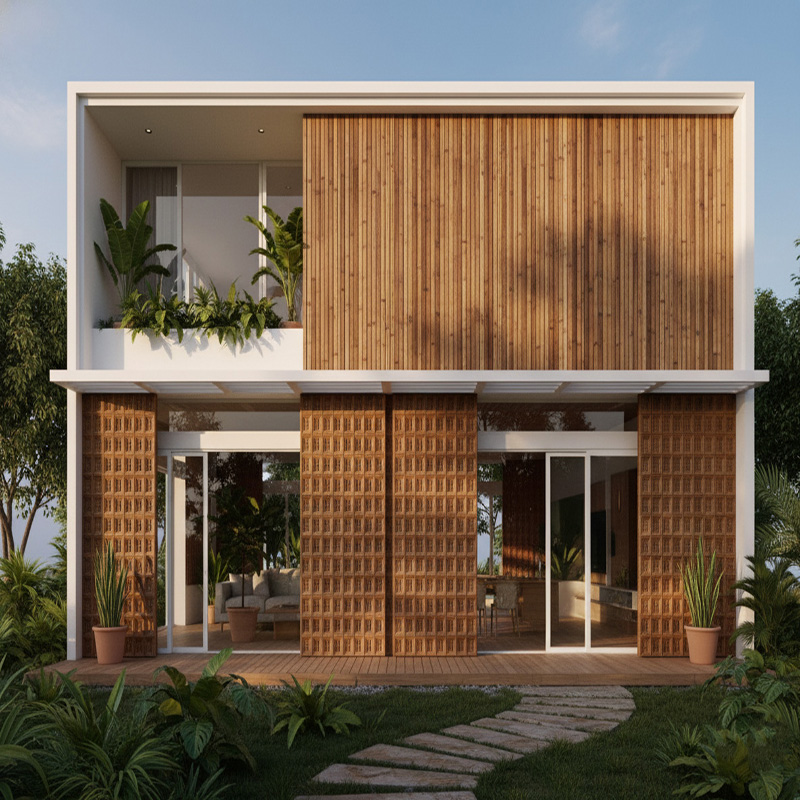 Handmade rectangular synthetic rattan panel with 3D vertical weave and aluminium frame in warm red pin color.