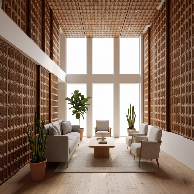 Handmade rectangular synthetic rattan panel with 3D vertical weave and aluminium frame in warm red pin color.