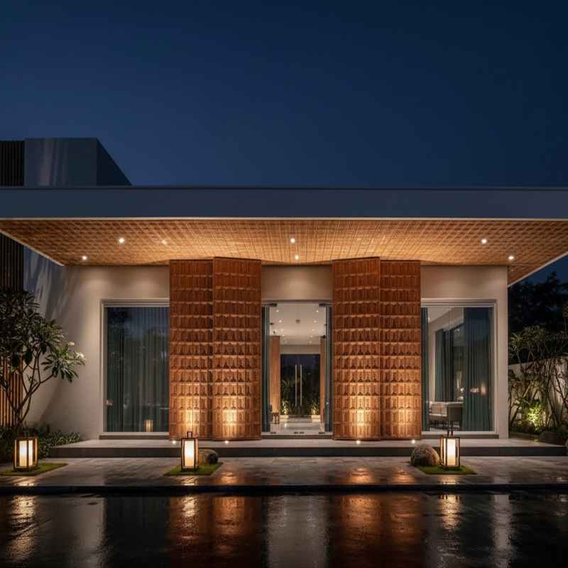 Handmade rectangular synthetic rattan panel with 3D vertical weave and aluminium frame in warm red pin color.