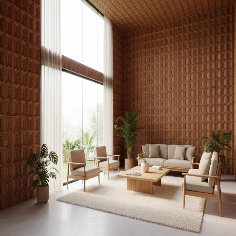 Handmade rectangular synthetic rattan panel with 3D vertical weave and aluminium frame in warm red pin color.