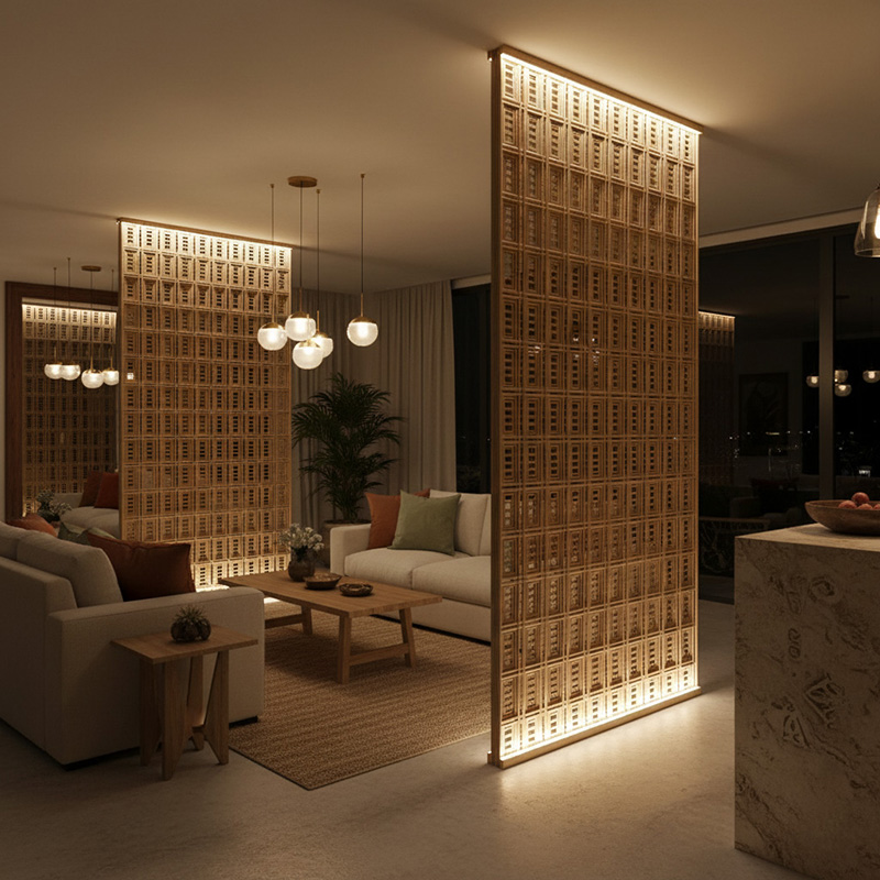 Handmade rectangular synthetic rattan panel with 3D vertical weave and aluminium frame in warm red pin color.