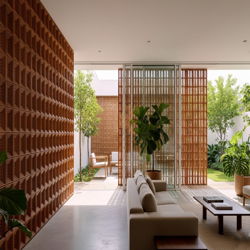 Handmade rectangular synthetic rattan panel with 3D vertical weave and aluminium frame in warm red pin color.