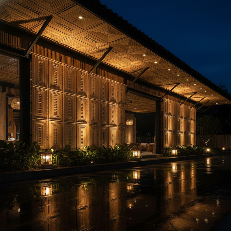 Handmade rectangular synthetic rattan panel with 3D vertical weave and aluminium frame in warm red pin color.