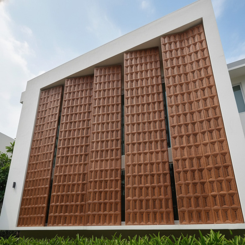 Handmade rectangular synthetic rattan panel with 3D vertical weave and aluminium frame in warm red pin color.