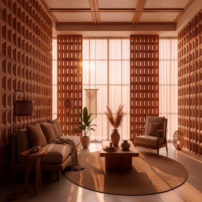 Handmade rectangular synthetic rattan panel with 3D vertical weave and aluminium frame in warm red pin color.