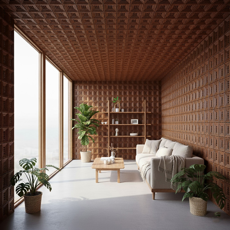 Handmade rectangular synthetic rattan panel with 3D vertical weave and aluminium frame in warm red pin color.