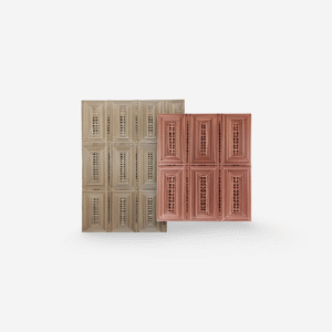 Handmade rectangular synthetic rattan panel with 3D vertical weave and aluminium frame in warm red pin color.
