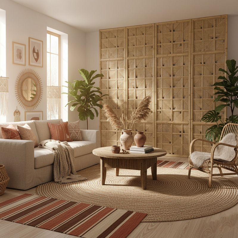 Handcrafted corner-weave synthetic rattan panel with PE rattan and powder-coated aluminum frame for interior and exterior design