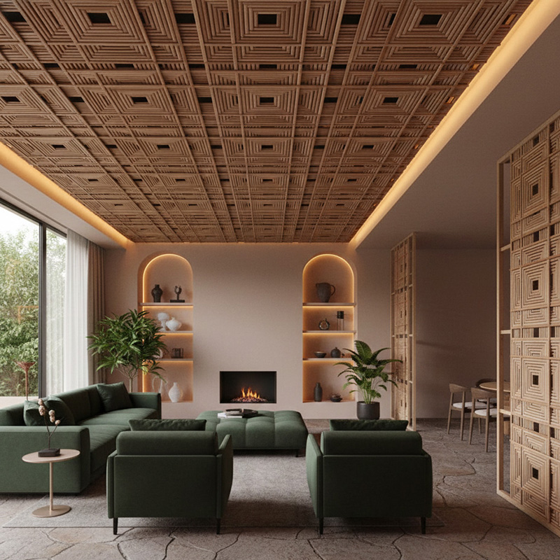 Modern 3D synthetic rattan panel with woven geometric pattern for architectural and interior use