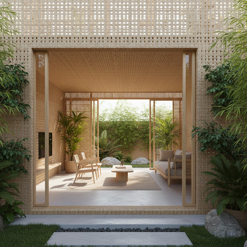 Modern 3D synthetic rattan panel with woven geometric pattern for architectural and interior use