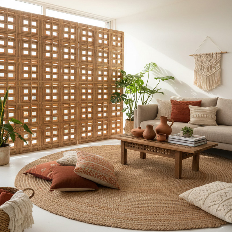 Modern 3D synthetic rattan panel with woven geometric pattern for architectural and interior use