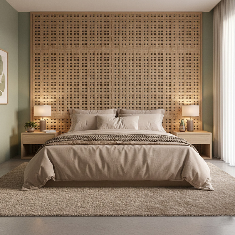 Modern 3D synthetic rattan panel with woven geometric pattern for architectural and interior use