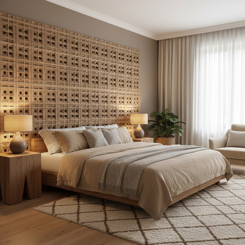 Modern 3D synthetic rattan panel with woven geometric pattern for architectural and interior use