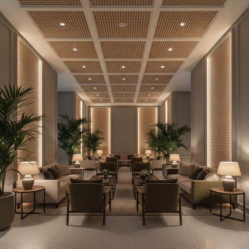 Synthetic rattan cane panel with hexagon weave pattern, smooth handcrafted finish, and multiple opening sizes for walls, cabinets, and door panels.