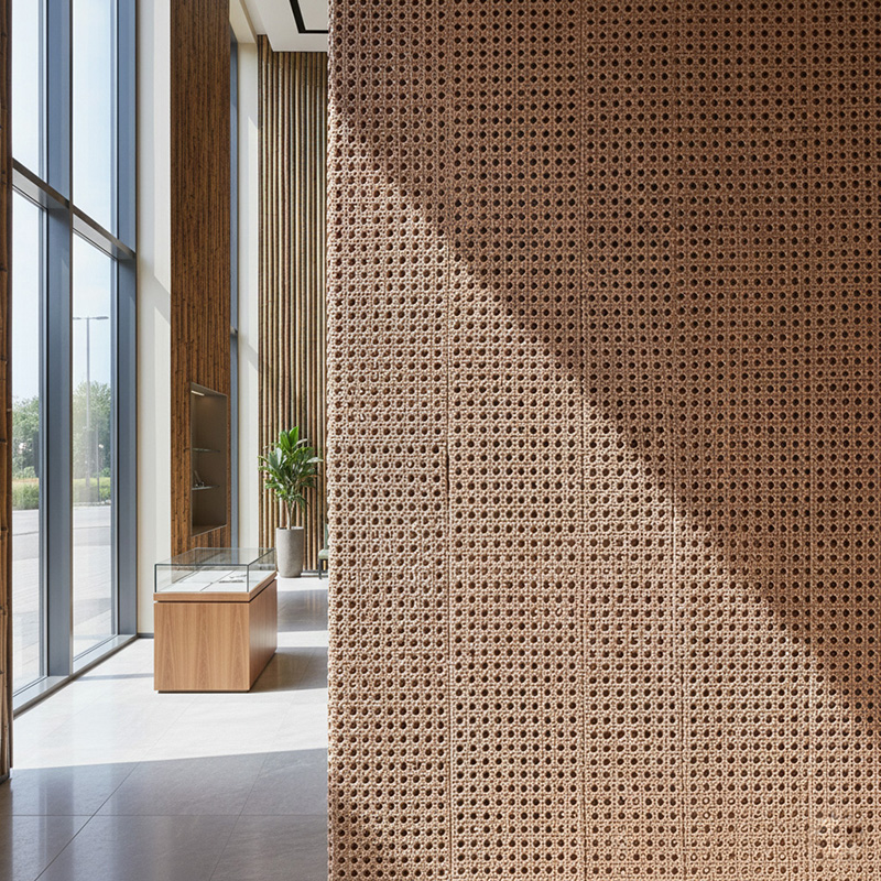 Synthetic rattan cane panel with hexagon weave pattern, smooth handcrafted finish, and multiple opening sizes for walls, cabinets, and door panels.