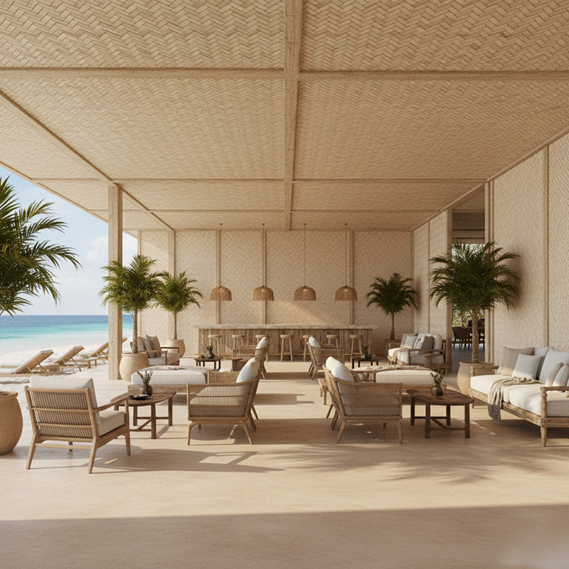 RATTANA-P6ZZH synthetic rattan zig zag panel with modern HDPE woven texture for walls, ceilings, and partitions