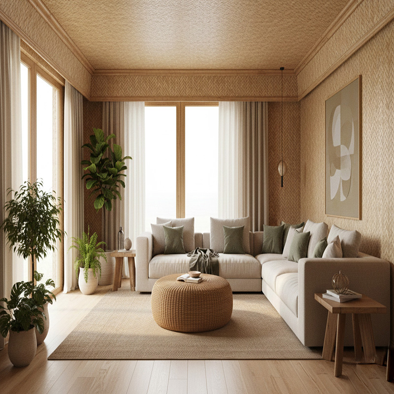 RATTANA-P6ZZH synthetic rattan zig zag panel with modern HDPE woven texture for walls, ceilings, and partitions