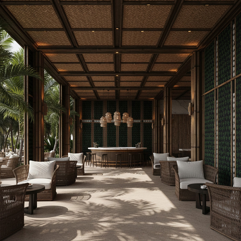 RATTANA-P6ZZH synthetic rattan zig zag panel with modern HDPE woven texture for walls, ceilings, and partitions