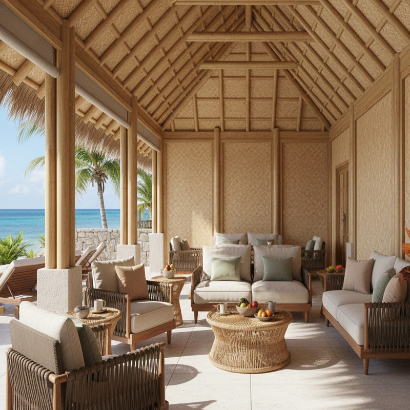 RATTANA-P6ZZH synthetic rattan zig zag panel with modern HDPE woven texture for walls, ceilings, and partitions