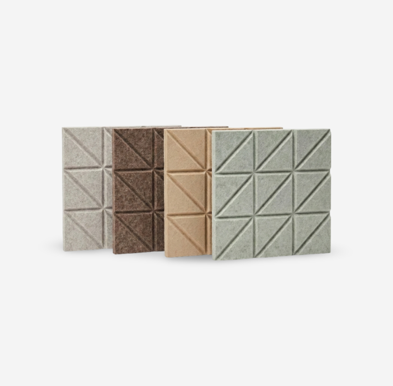 Triangular grooved polyester acoustic wall panel for sound absorption, noise reduction, and modern interior acoustic treatment.
