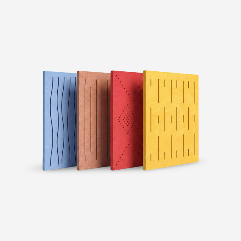 Patterned PET acoustic wall panel with CNC-carved design and perforated texture for sound absorption.