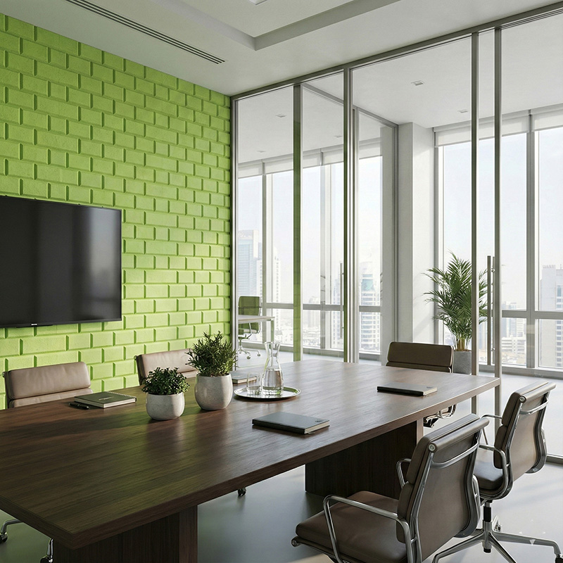 Brick pattern grooved acoustic wall panel made from polyester fiber for sound absorption and decorative interior walls.