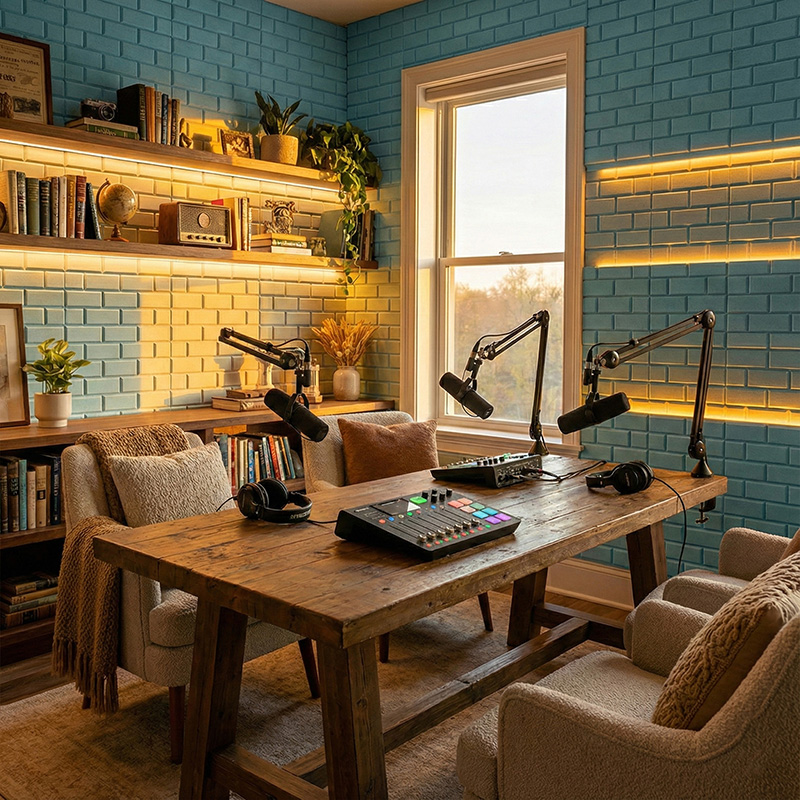 Brick pattern grooved acoustic wall panel made from polyester fiber for sound absorption and decorative interior walls.