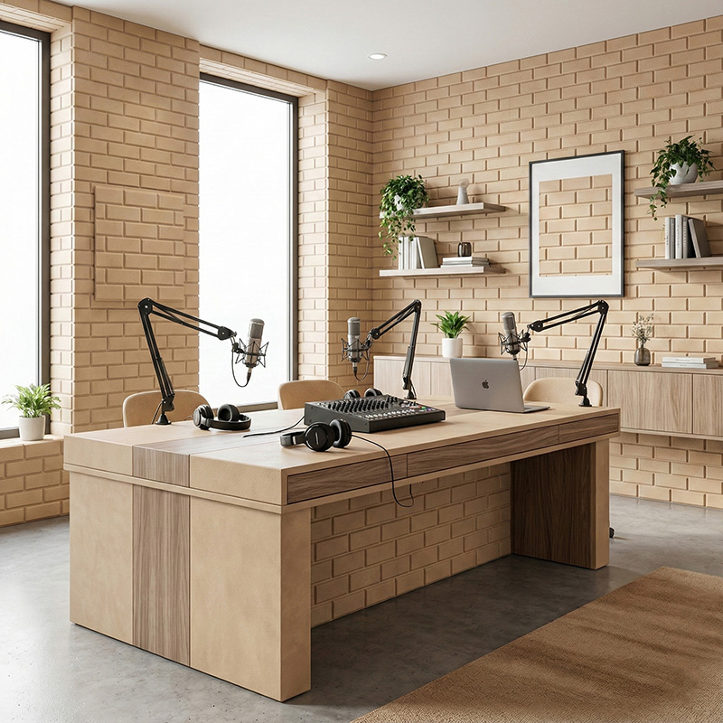 Brick pattern grooved acoustic wall panel made from polyester fiber for sound absorption and decorative interior walls.