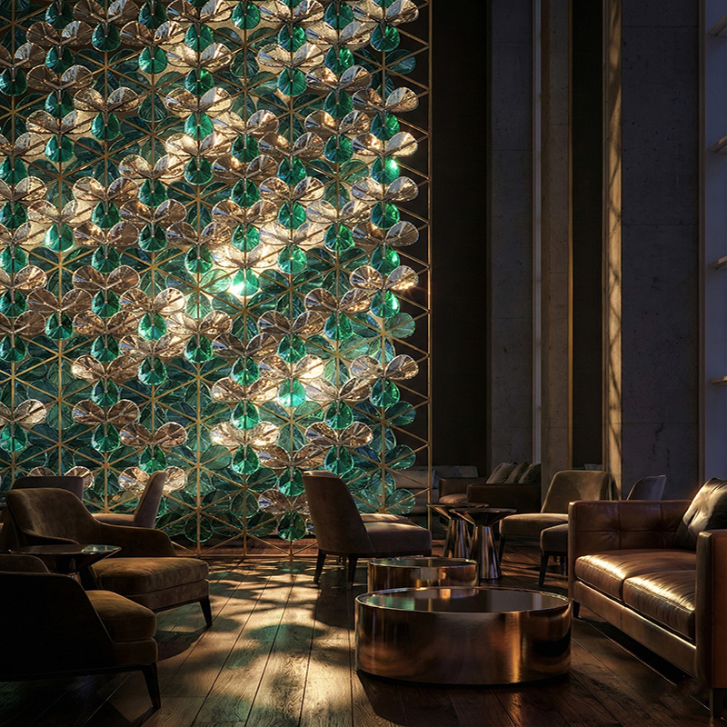 3D crystal leaf partition wall tiles with stainless steel frame used as a luxury decorative interior feature