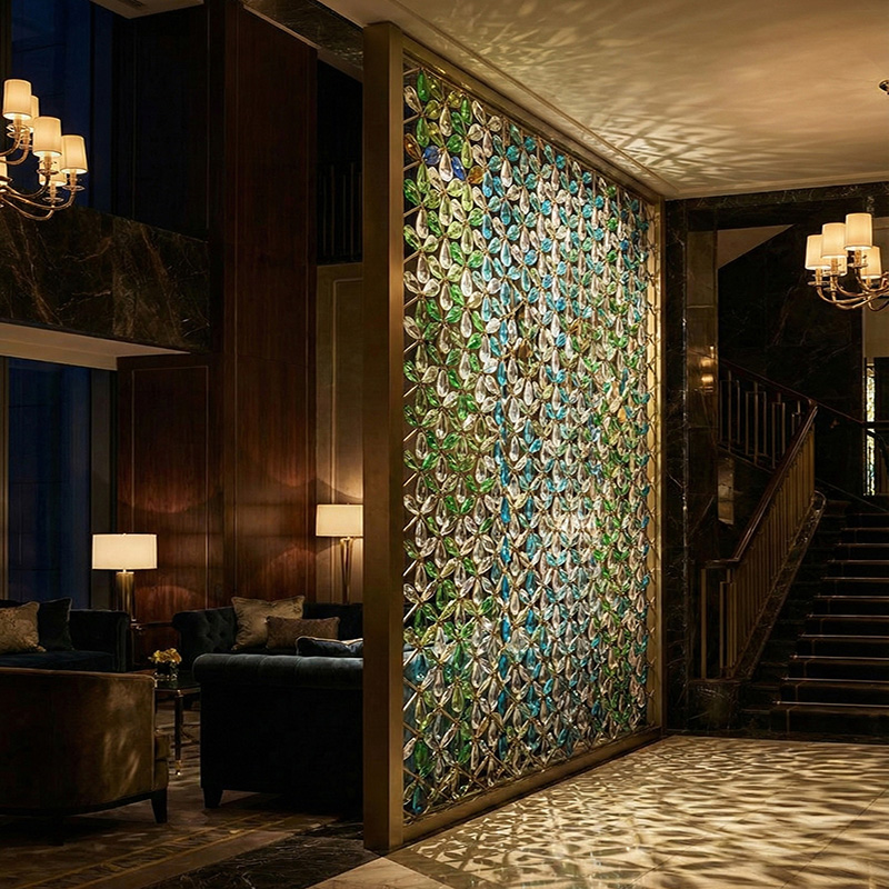 3D crystal leaf partition wall tiles with stainless steel frame used as a luxury decorative interior feature