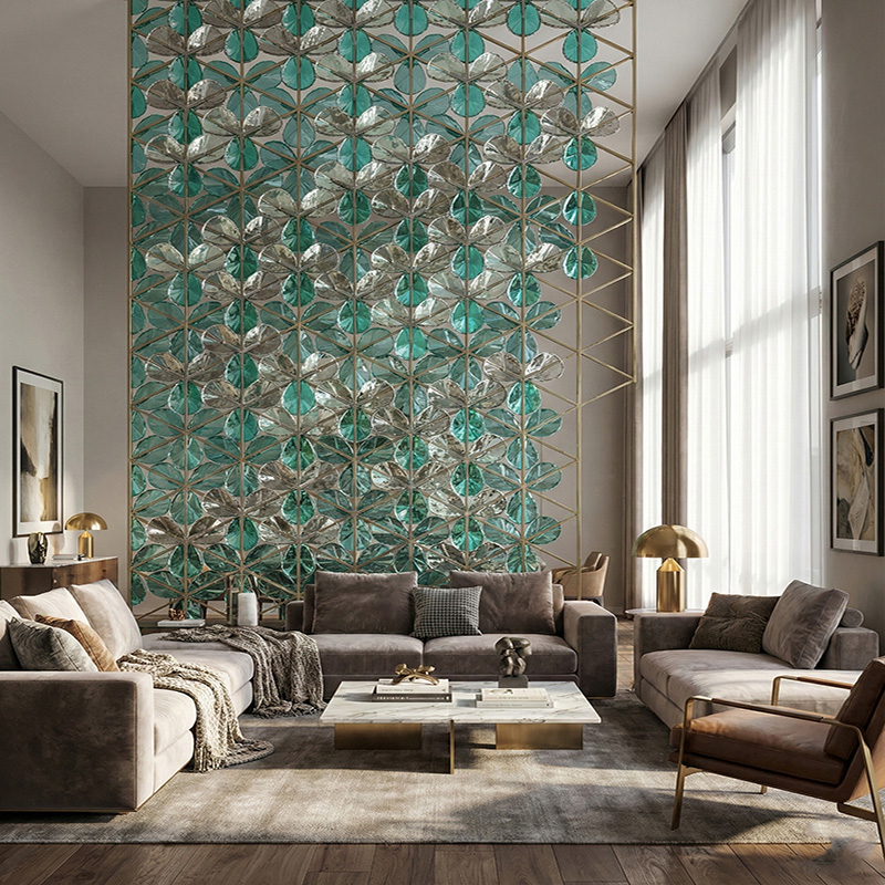 3D crystal leaf partition wall tiles with stainless steel frame used as a luxury decorative interior feature