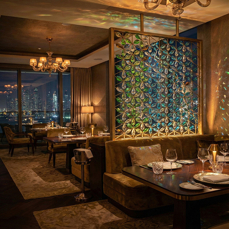 3D crystal leaf partition wall tiles with stainless steel frame used as a luxury decorative interior feature