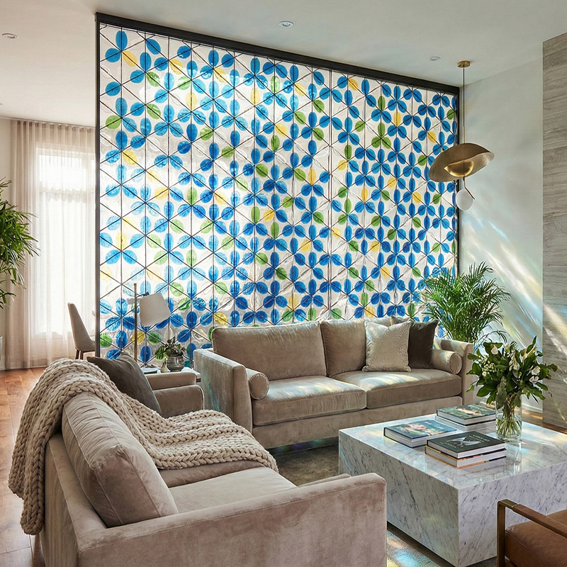 3D crystal leaf partition wall tiles with stainless steel frame used as a luxury decorative interior feature