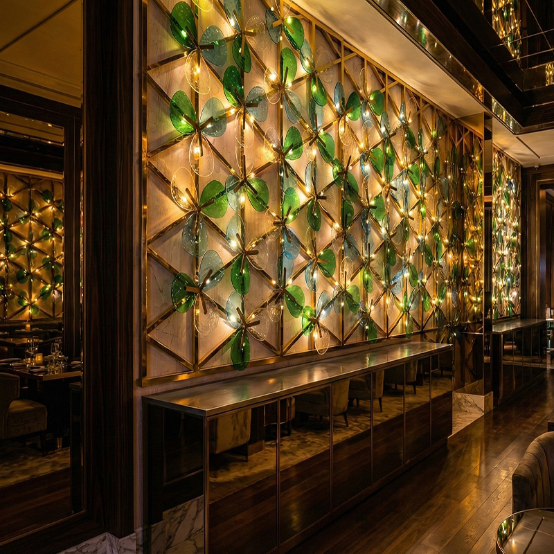 3D crystal leaf partition wall tiles with stainless steel frame used as a luxury decorative interior feature