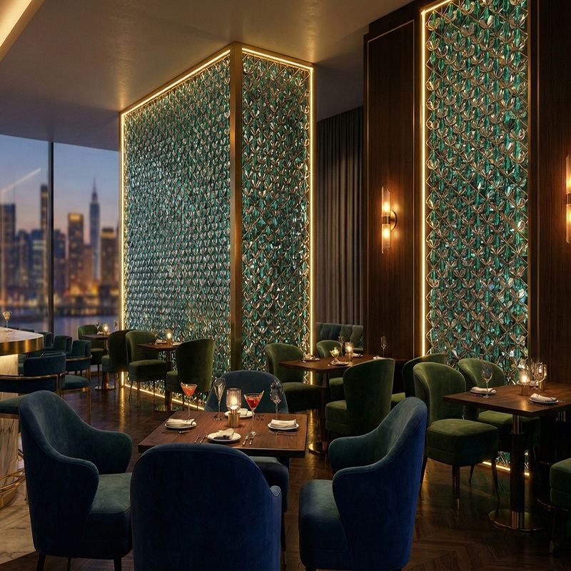 3D crystal leaf partition wall tiles with stainless steel frame used as a luxury decorative interior feature