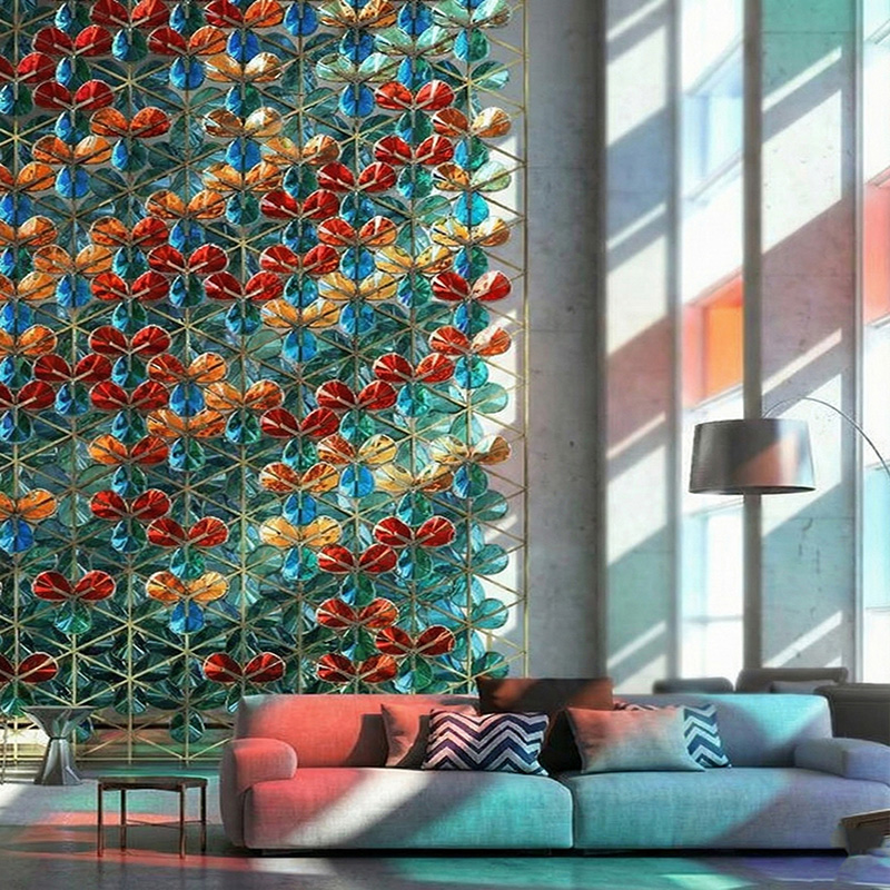 3D crystal leaf partition wall tiles with stainless steel frame used as a luxury decorative interior feature