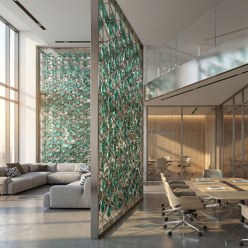 3D crystal leaf partition wall tiles with stainless steel frame used as a luxury decorative interior feature