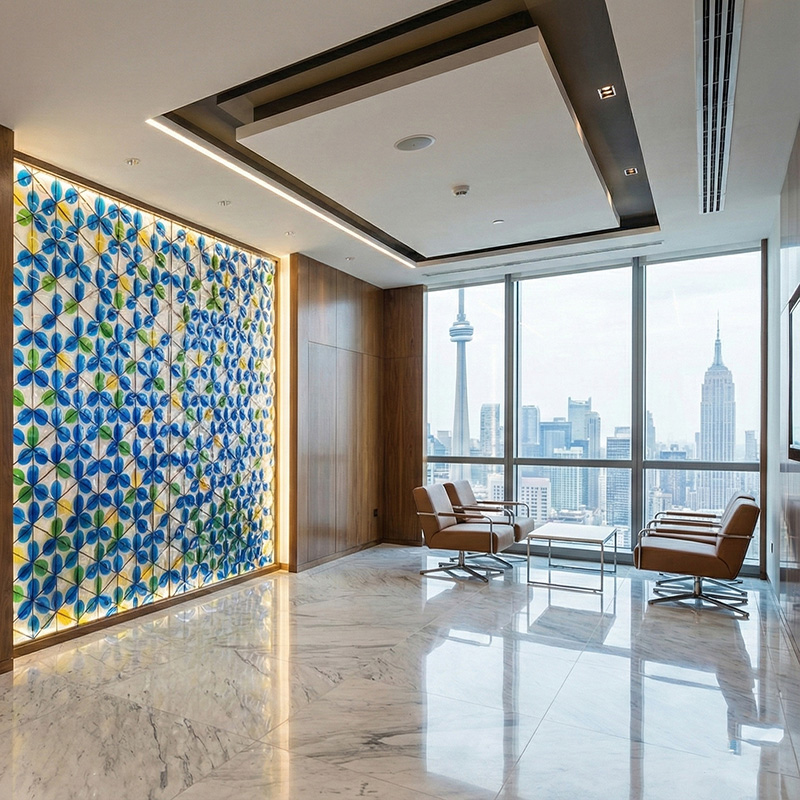 3D crystal leaf partition wall tiles with stainless steel frame used as a luxury decorative interior feature