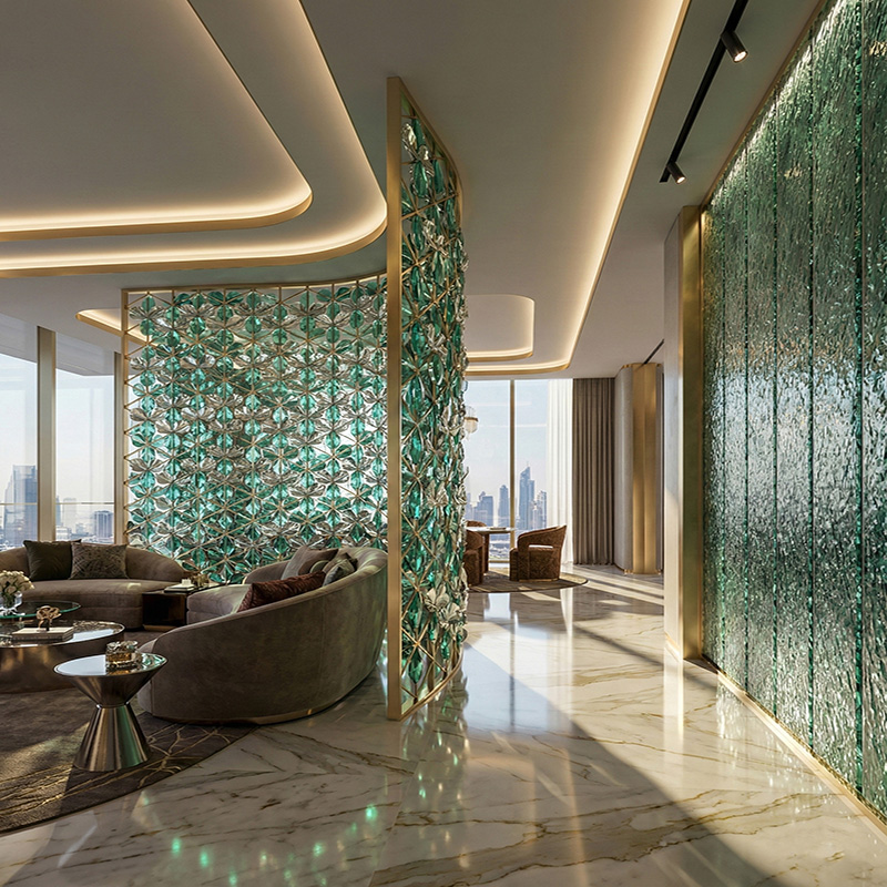 3D crystal leaf partition wall tiles with stainless steel frame used as a luxury decorative interior feature
