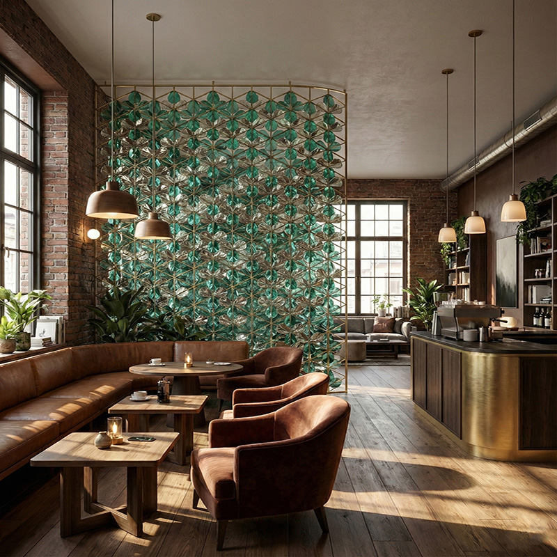 3D crystal leaf partition wall tiles with stainless steel frame used as a luxury decorative interior feature