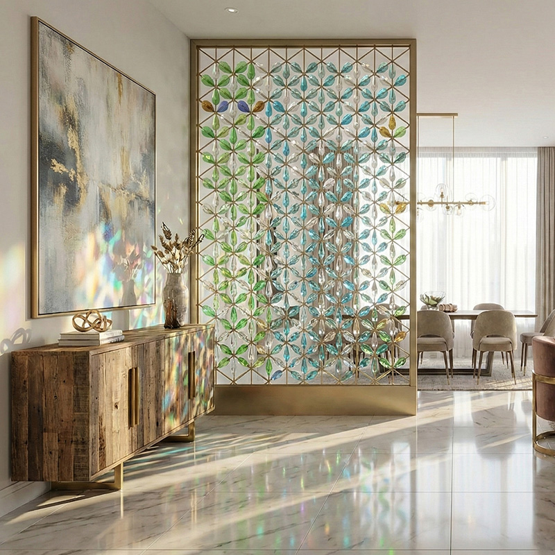 3D crystal leaf partition wall tiles with stainless steel frame used as a luxury decorative interior feature