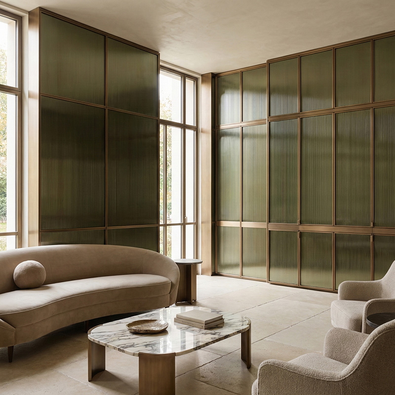 GLASMETRA CFVFGP Vistaline fluted glass panel with vertical ribbed texture for modern interior glass wall panels and partitions