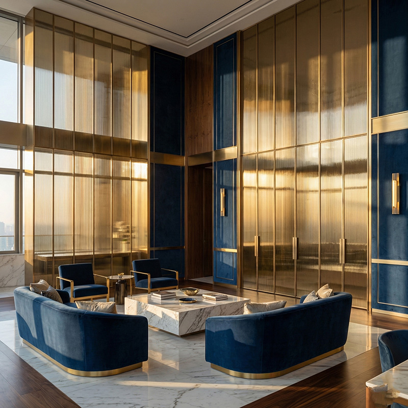 GLASMETRA CFVFGP Vistaline fluted glass panel with vertical ribbed texture for modern interior glass wall panels and partitions