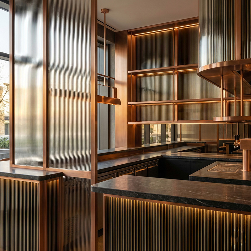 GLASMETRA CFVFGP Vistaline fluted glass panel with vertical ribbed texture for modern interior glass wall panels and partitions