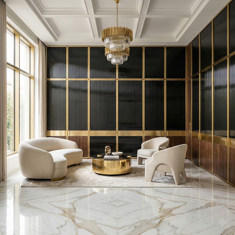 GLASMETRA CFVFGP Vistaline fluted glass panel with vertical ribbed texture for modern interior glass wall panels and partitions