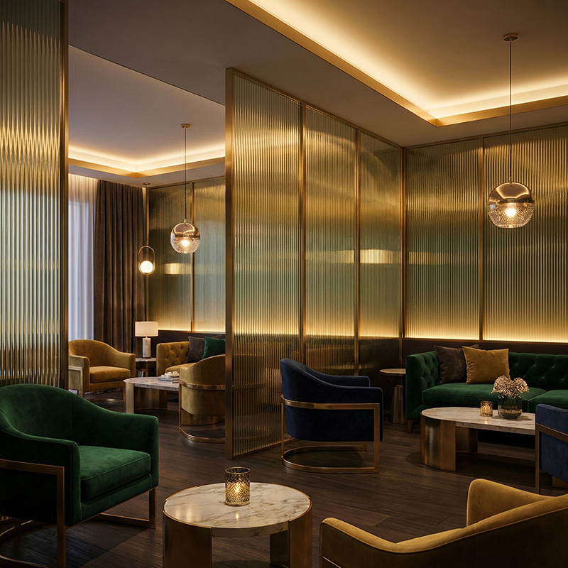 GLASMETRA CFVFGP Vistaline fluted glass panel with vertical ribbed texture for modern interior glass wall panels and partitions